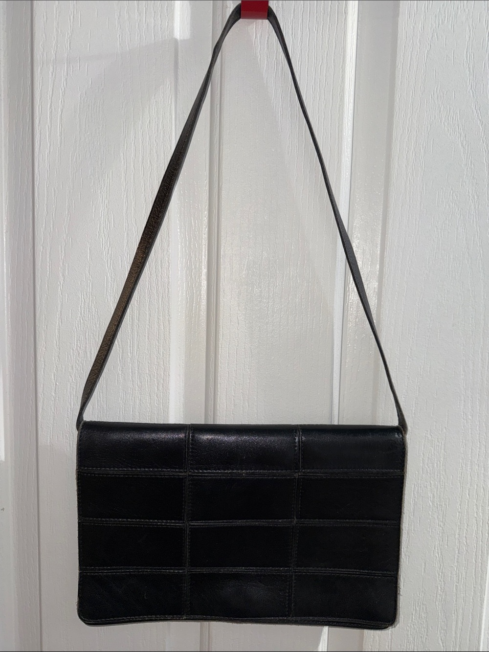 Classic Black Leather Grid Shoulder Bag